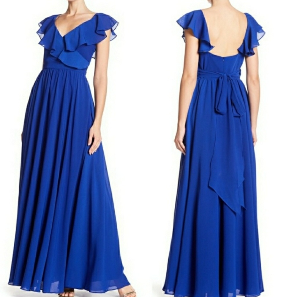 Carmen Marc Valvo Ruffle Back Tie Gown